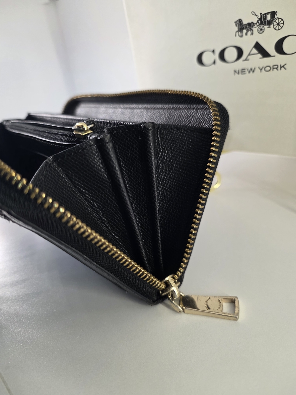 COACH Black Leather Zip-Around Wallet W/ Gold Hardware - Picture 10 of 14